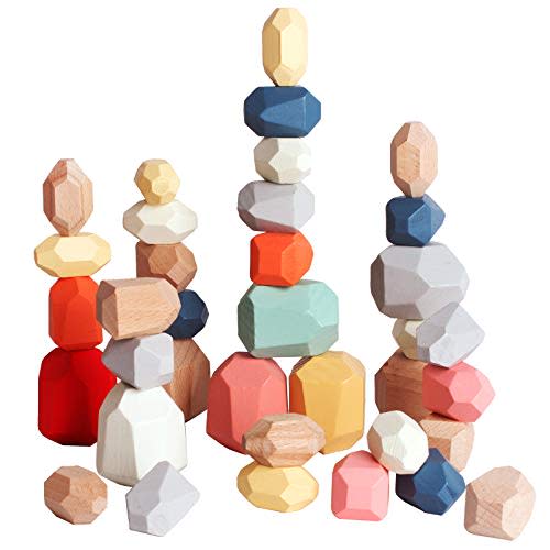 BESTAMTOY 36 PCS Wooden Stacking Rocks Montessori Toys Building Blocks for Kids for Kids 1+ Years Old
