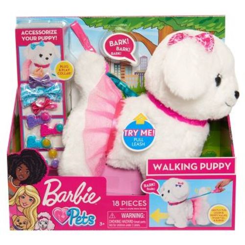 Barbie Walking Puppy Plush Toy 10pc Interactive Pet Playset with Leash and Accessories