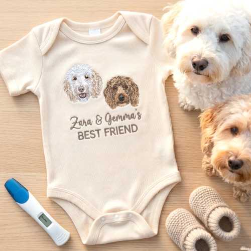 Custom Embroidered Monogrammed Onesie With Dog Picture, Personalized Dog Sibling Onesie, Pet Portrait Baby Bodysuit, New Mom Hospital Gift