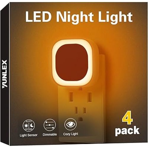 4 Pack Plug in Amber Night Light, Auto Dusk to Dawn, Soft Glow, Dimmable, Diffused Light, LED Lights for Bedroom, Kids, Bathroom, Sleep, Baby Nursery, Toddler, Hallway, Kitchen, Home Decor