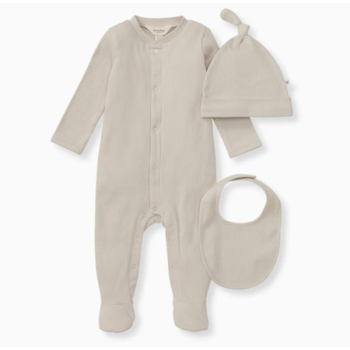 Organic Cotton Jumpsuit, Bib & Hat 3 Piece Set - Limestone