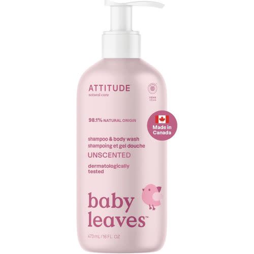 ATTITUDE Baby 2-in-1 Shampoo and Body Wash, Made in Canada, EWG Verified, Dermatologically Tested, Vegan, Unscented, 473 mL