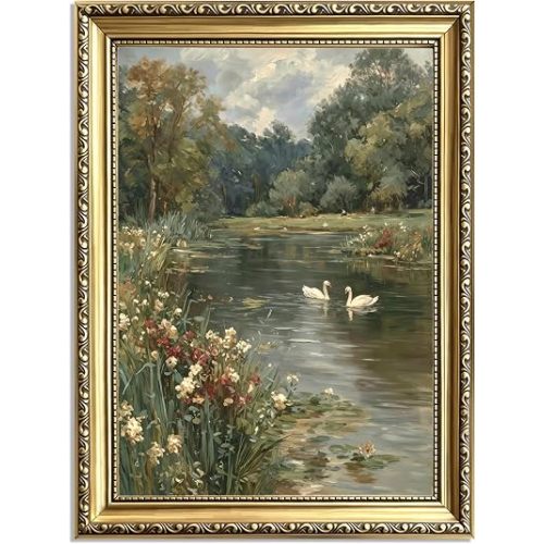 Vintage Gold Framed Nature Landscape Wall Art, Romantic Swan Lake Canvas Wall Decor, Farmhouse Cottagecore Paintings Prints Artwork for Living Room Bedroom Bathroom Office 8x10 Inch