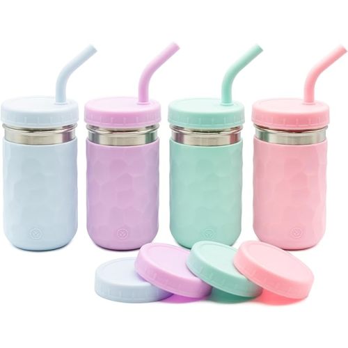 WeeSprout 2-in-1 Drinking Cups for Kids, Durable Stainless Steel Tumbler for Smoothies, Silicone Straws with Stoppers, Premium Plastic Twist Lids, Easy-Grip Sleeves, Set of 4 Dishwasher Safe Kid Cups