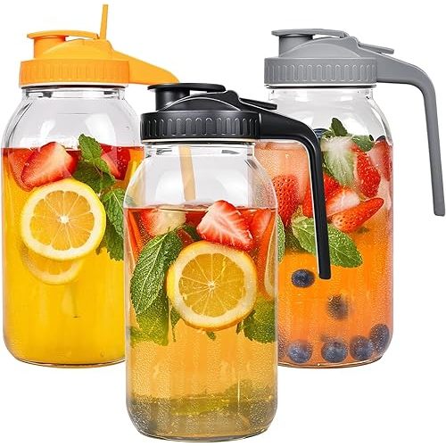 3 Pack 64oz Glass Mason Jar Pitcher with Airtight Lid and Handle – Wide Mouth, Leak-Proof, Ideal for Sun Tea, Cold Brew, Lemonade, Iced Coffee, Milk, and Water