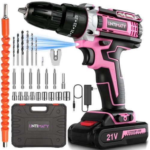 UNTIMATY 21V Cordless Power Drill Set, Power Drill Driver Kit with Lithium-Ion Battery and Charger, 3/8-Inch Keyless Chuck, 2 Variable Speed, 25+3 Position and 31pcs Drill/Driver Bits, Pink