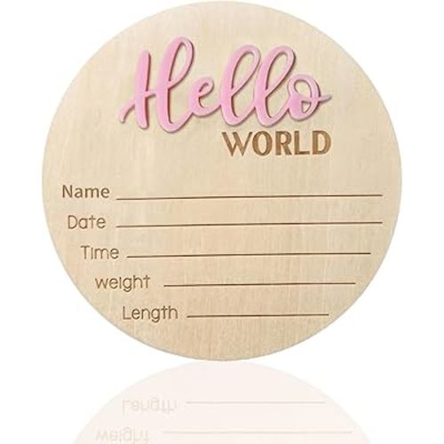 Baby Announcement Sign - 5.9 Inch Wooden Hello World Newborn Sign, Birth Announcement, Baby Shower Hospital Nursery for Newborn Boys and Girls (Pink)