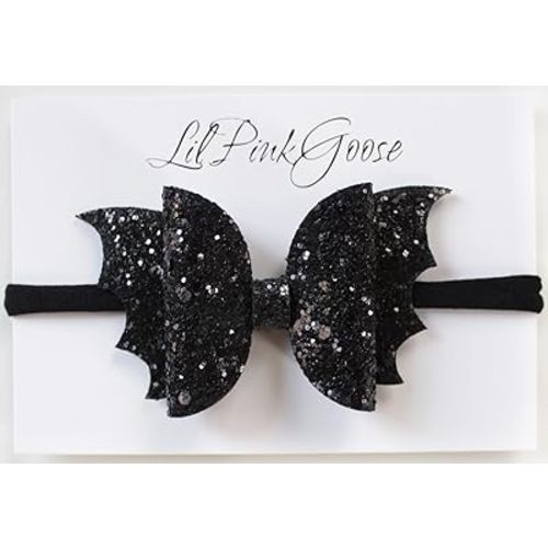 Halloween Black Glitter Bat Bow Headbands for Baby Girls and Toddlers (Black Nylon Band)