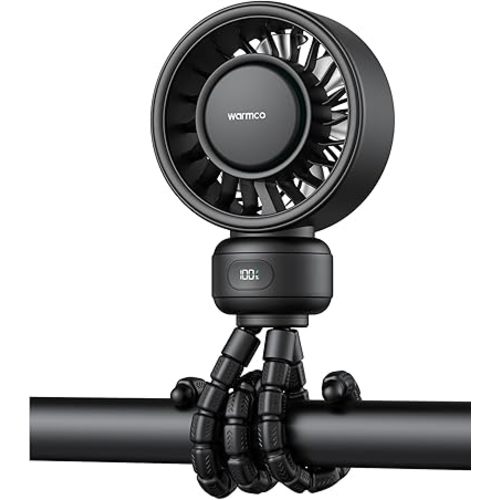 Warmco Portable Stroller Fan, 4000mAh Rechargeable Clip-On Tripod Fan (Up to 15H), 4 Speeds, LED Display, Detachable Front Cover, Quiet Operation, for Car Seat, Crib & Treadmill