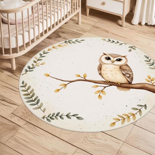 Owl Nursery Rug Round – Washable Baby Play Mat with Cute Branch & Leaves – Soft Non-Slip Kids Room Decor for Toddlers