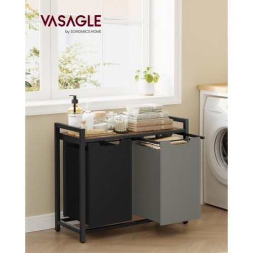 2-Compartment Laundry Hamper with Removable Bags & Storage Shelf ¨C Sturdy Metal Frame, 24.2 Gallons Capacity, Foldable Design, Bicolor & Rustic Brown