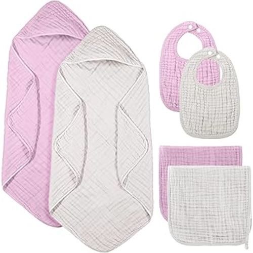 6 Pcs Muslin Hooded Bath Towels Washcloths and Bibs Set, Muslin Cotton Baby Towels Absorbent Hooded Blanket Towel Infant Bibs for Boys Girls Newborn Infant Essential(White, Pink)