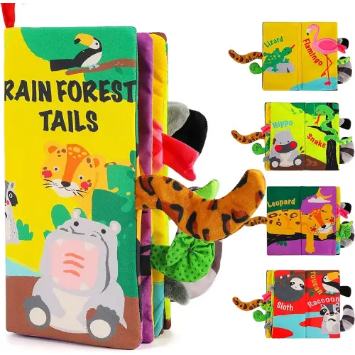 beiens Soft Toys Baby Cloth Books, Touch and Feel Crinkle Books for Babies, Infants & Toddler, Early Development Interactive Car Toys & Stroller Toys for Boys & Girls (Rainforest Tails-1 Book)