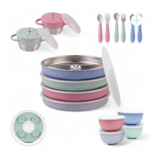 Stainless Steel Mealtime Bundle | Sucton Sleeves | Plates, Bowls, Snack Cups + Toddler Utensils | 16 Pcs | Blush/Lilac/Sage/MistyBlue
