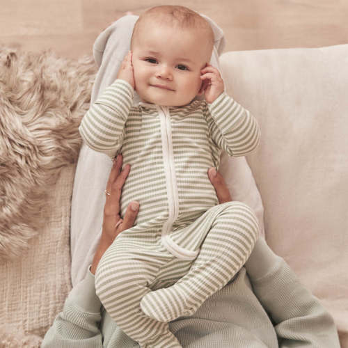 Sage Stripe Ribbed Clever Zip Footed Baby Pajamas Sage Stripe / Newborn
