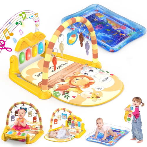 WonderStone 2 in 1 Baby Gym Playmat, Tummy Time Water Mat with 5 Infant Sensory Toys & Play Piano, Boys and Girls Newborn Gift 0-12 Month (Blue)