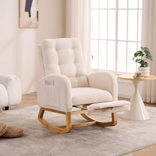 Modern Nursery Rocking Chair with Footrest,Modern Glider Chair with Adjustable Footrest,High Back Support and Side Pocket,Comfortable Rocking Chair for Living Room,Bedroom,Nursing Room,Beige and White