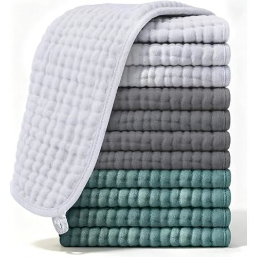 Ease Cubs 12 Pack Muslin Burp Cloths Large 100% Cotton Hand Washcloths, Baby Essentials Absorbent and Soft Burping Rags for Newborn Registry, 20" X10", Grey, Green and Slate