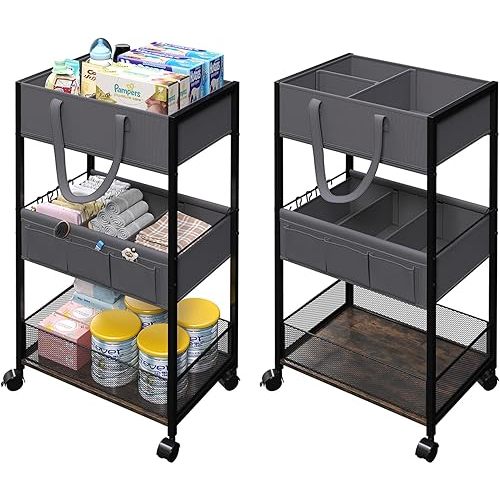 Diaper Caddy Organizer and Storage, 3-Tier Baby Storage Organizers with 2+2 Dividers, Large Capacity Diaper Rolling Cart for Nursery, Diaper Caddy Cart for Crib, Bedroom, Bathroom