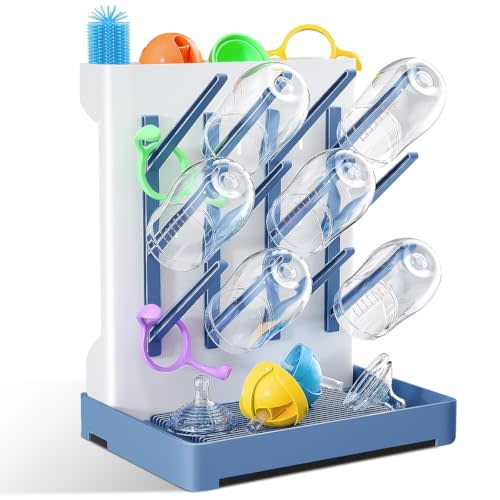 WillMall Baby Bottle Drying Rack: Vertical Space Saving Large Bottles Holder - Standing Boon Dryer Rack Baby Accessory - Countertop Holds Up to 12 Bottles & Pump Part Cleaning & Cup (Blue) (Blue)
