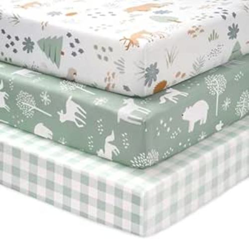 Baby Crib Sheets for Boys and Girls, 3 Pack Fitted Crib Sheets Neutral for 52”x28” Standard Crib and Toddler Mattresses, Ultra Soft & Silky Smooth Microfiber Green Forest Bear