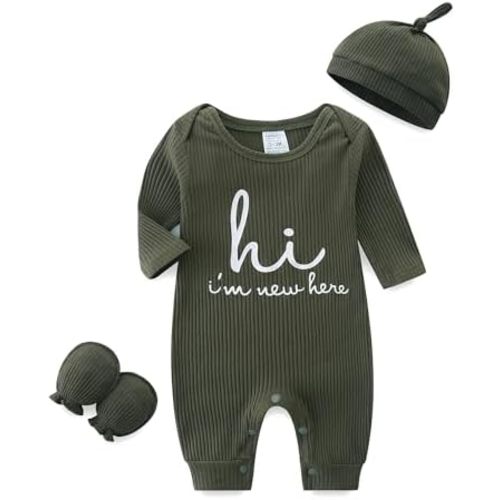 Unisex Newborn Baby Onesie Ribbed Romper Infant Long Sleeve Jumpsuit Hat and Gloves
