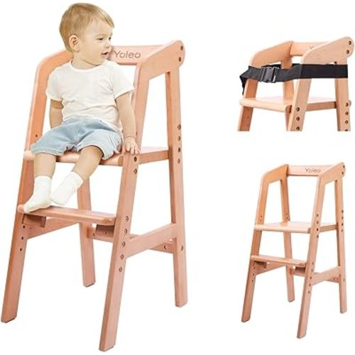 YOLEO High Chair Wooden for Toddlers Junior Childs, Sturdy Durable Dining Feeding Chair with Steps Grows with Child, Max 60kg (Natural Color)