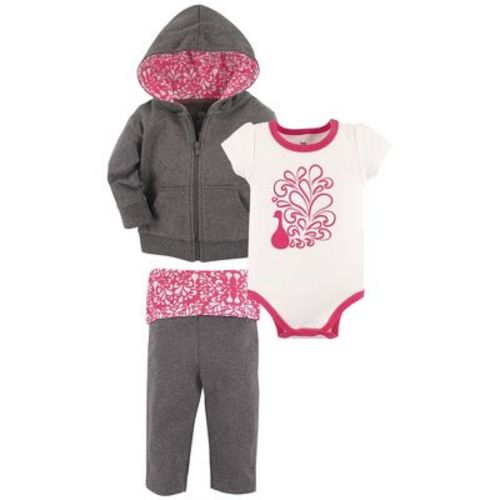 Yoga Sprout Baby and Toddler Girl Cotton Hoodie, Bodysuit or Tee Top, and Pant, Peacock Baby