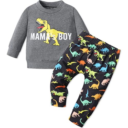 Baby Boy Clothes Long Sleeve Letter Print Sweatshirts Dinosaur Pants Toddler Infant Boy Outfits 2PCS Fall Winter Clothing Set - Grey - 12-18 Months