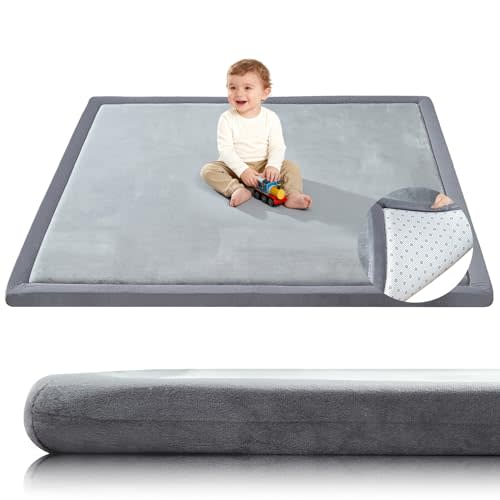 Thick Baby Play Mat for Floor,1.3" 50x50 Playpen Mat,Tummy Time Foam Mats,Plush Soft Padded Playmate for Babies 6-12 Months Crawling,Non-Slip Nursery Rug for Toddler Kids Playroom(Grey)