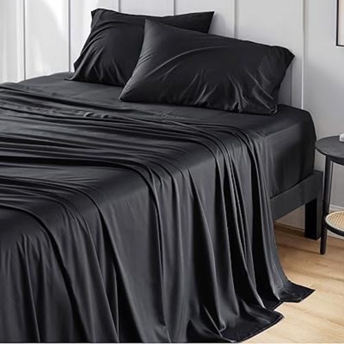 Bedsure GentleSoft Full Size Bed Sheets, Cooling Sheets, Rayon Derived from Bamboo, Breathable & Soft, Deep Pocket Up to 16 Inches, Hotel Luxury Silky Bedding for Hot Sleepers, Black
