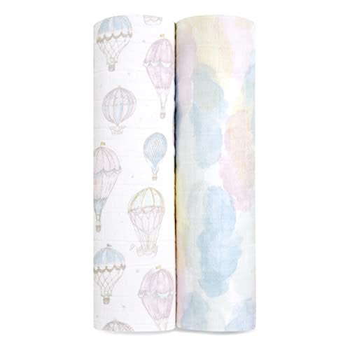 aden + anais 100% Organic Cotton Muslin Swaddle, Breathable Baby Blanket, Ideal for Boys, Girls, Newborns, Babies & Infants, Receiving Blanket, Soft Lightweight Wrap, 2 Pack, Above The Clouds