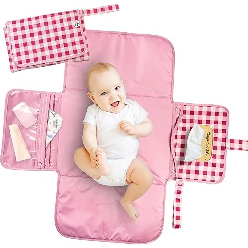 Tiny Twinkle Portable Diaper Changing Pad | Waterproof, Wipeable & Compact Baby Changing Pad for Travel | Smart Wipes Pocket & Organized Storage| Newborn Shower Gift (Raspberry Gingham)