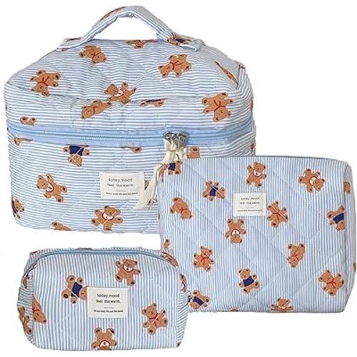 3PCS Quilted Make Up Bag Set Cute Cotton Make Up Pouch Blue Striped Bear Cosmetic Bag Set Large Travel Toiletry Bag For Women(B)