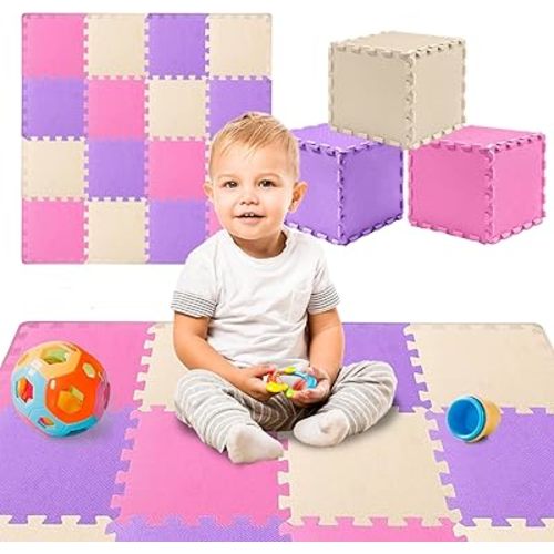 TOYVELT Ultimate Foam Play Mat Set 12x12-16 Interlocking Floor Tiles for Kids - Non Toxic, Colorful Foam Puzzle Mats - Safe and Durable - Ideal Play Mat for Toddlers 1-3 - Pink-Purple-Beige