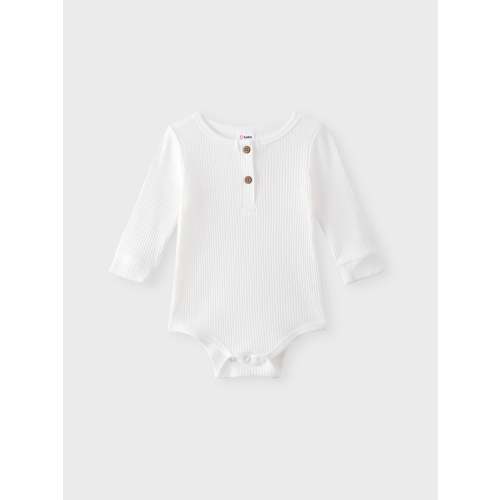 Baby Girl/Boy Cotton Button Design Solid Color Ribbed Long-sleeve Rompers White
