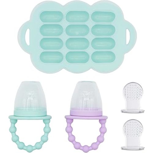 WeeSprout Silicone Baby Food Feeders + Freezer Tray for Batch Prep, Set of 2, Introduce New Foods Safely, Double as Teething Toys, Includes 2 Extra Pouches & Travel Lids, Dishwasher Safe