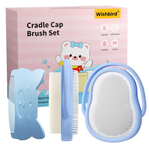 Wishbird 3-in-1 Baby Cradle Cap Brush Kit, Soft Brush, Curved Comb & Bath Sponge | BPA-Free Cradle Cap Treatment Set for Newborns & Infants Scalp Massage Dry Skin Flakes Removal, Light Blue