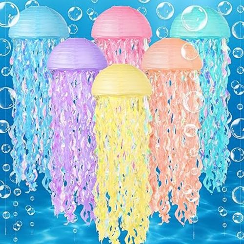 12 Pacs Jellyfish Paper Lanterns & White Bubble Garlands, Under The Sea Mermaid Birthday Party Decorations, Ocean Theme Baby Shower Beach Room Decor