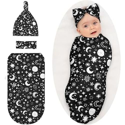 Moon and Star Black Baby Stuff Swaddle Blanket Wrap Baby Newborn Blanket Soft Stretchy with Headband Hat Set Gift for Infant Boy Girl