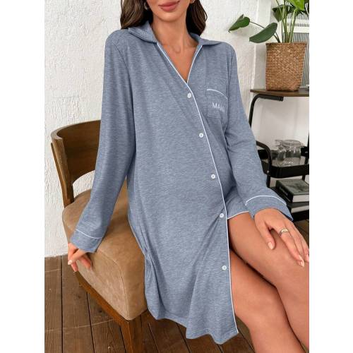 SHEIN Maternity Casual Loose Turndown Collar Pocket Embroidered Knit Long Sleeve Dress | SHEIN USA