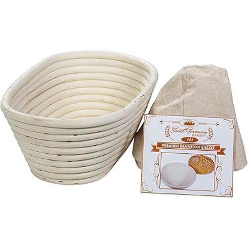 Saint Germain Bakery Premium Round Bread Banneton Basket with Liner - Perfect Brotform Proofing Basket for Making Beautiful Bread (10 inch Oval)
