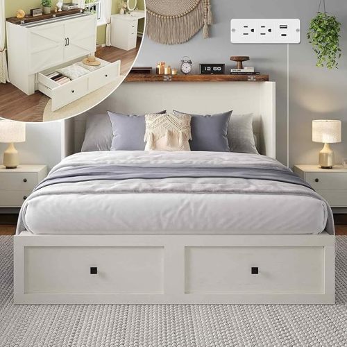 Murphy Bed with Charging Station, Queen Size Cabinet Bed with Large Storage Drawer for Home Office or Small Room, Hideaway Foldable Platform Bed, White
