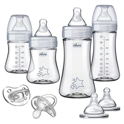Chicco Duo Hybrid Baby Bottle Newborn Deluxe Giftset, Real Glass Inside, Lightweight Plastic Outside, Patented Invinci-Glass Technology, Intui-Latch Nipple, Clear/Grey