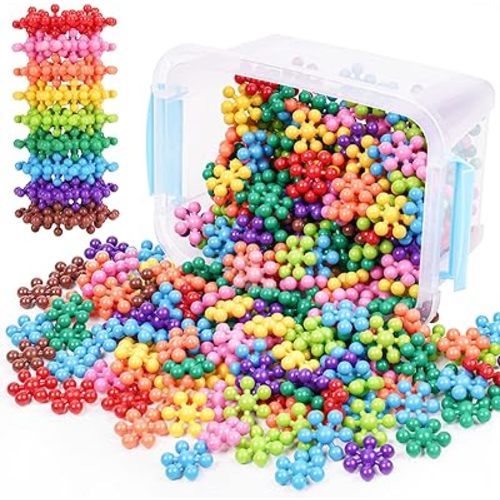 Snowflake Interlocking Building Block Educational Toy 300PCS for Kids Ages 3+, Multi-Color Solid Plastic Early Learning Creativity STEM Toy with Carrying Case Safe Material