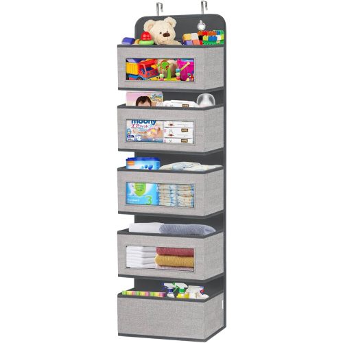 Over the Door Hanging Organizer Storage with 5 Large Pockets,Wall Mount Storage with Clear Windows and 2 Widened Metal Hooks for Pantry,Nursery,Diapers,Bathroom,kitchen,Closet,Dorm(Grey)