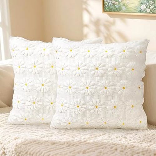 Winter Daisy Pillow Covers 18x18 Inch Set of 2 Christmas Decorations for Home Soft Plush Faux Fur Throw Pillow Covers 3D Embroidered White Pillow Cases for Couch Bedroom Holiday Decor