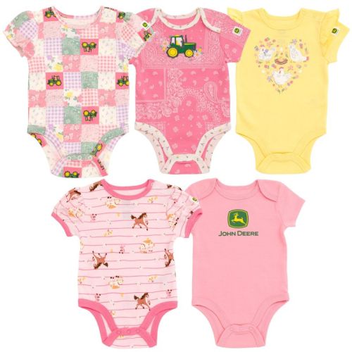 John Deere Farm Animals Tractor Newborn Baby Girls 5 Pack Bodysuits Pink / Yellow 3-6 Months