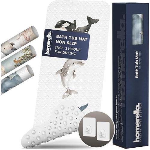 Bathtub Mat Non Slip Anti Mold for Kids 40x16 - homerella® Bath Mat for Tub, BPA Free, Incl. 2 Hooks, Washable Shower Mat Non Slip Anti Mold, Shower Mats for Inside Shower, EU Certified
