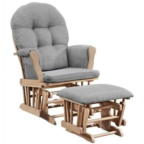 Angel Line Windsor Glider and Ottoman for Nursery, Natural Finish with Gray Cushions, Baby Nursing